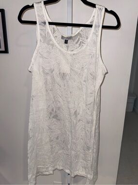 White Sleeveless Leaf-Print Sheer Dress